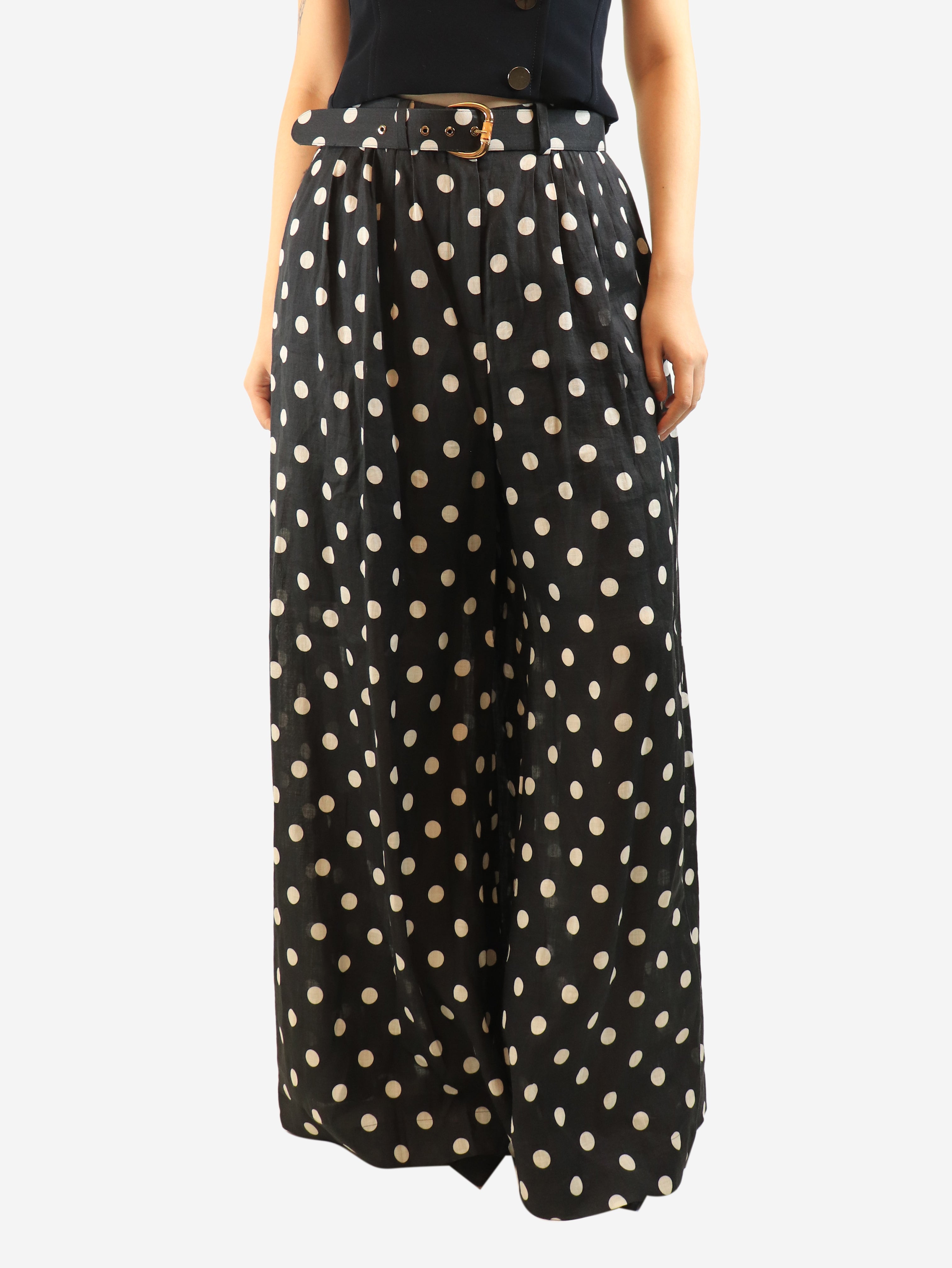 Black polka dot wide-leg trousers - size UK 14