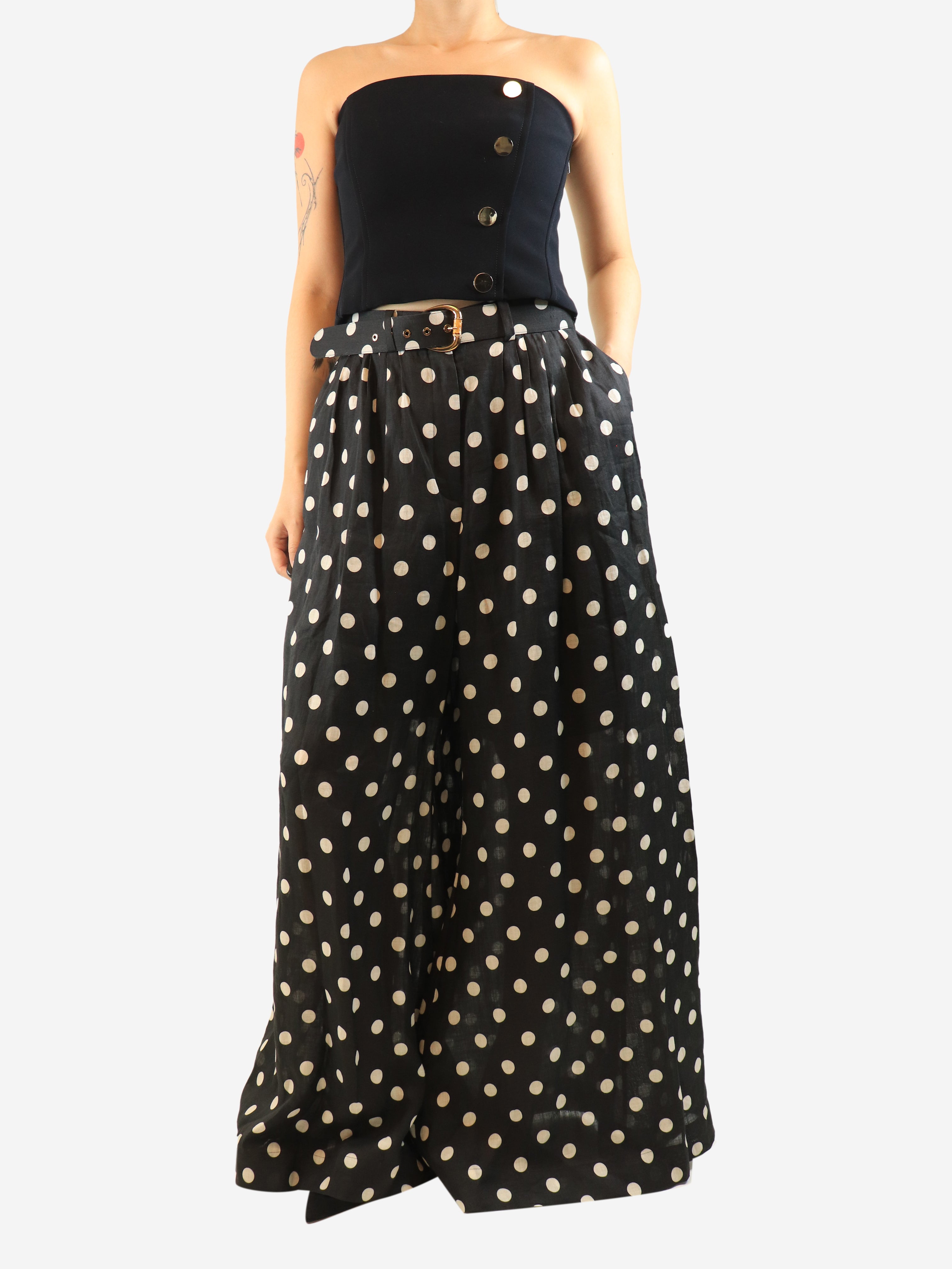 Black polka dot wide-leg trousers - size UK 14