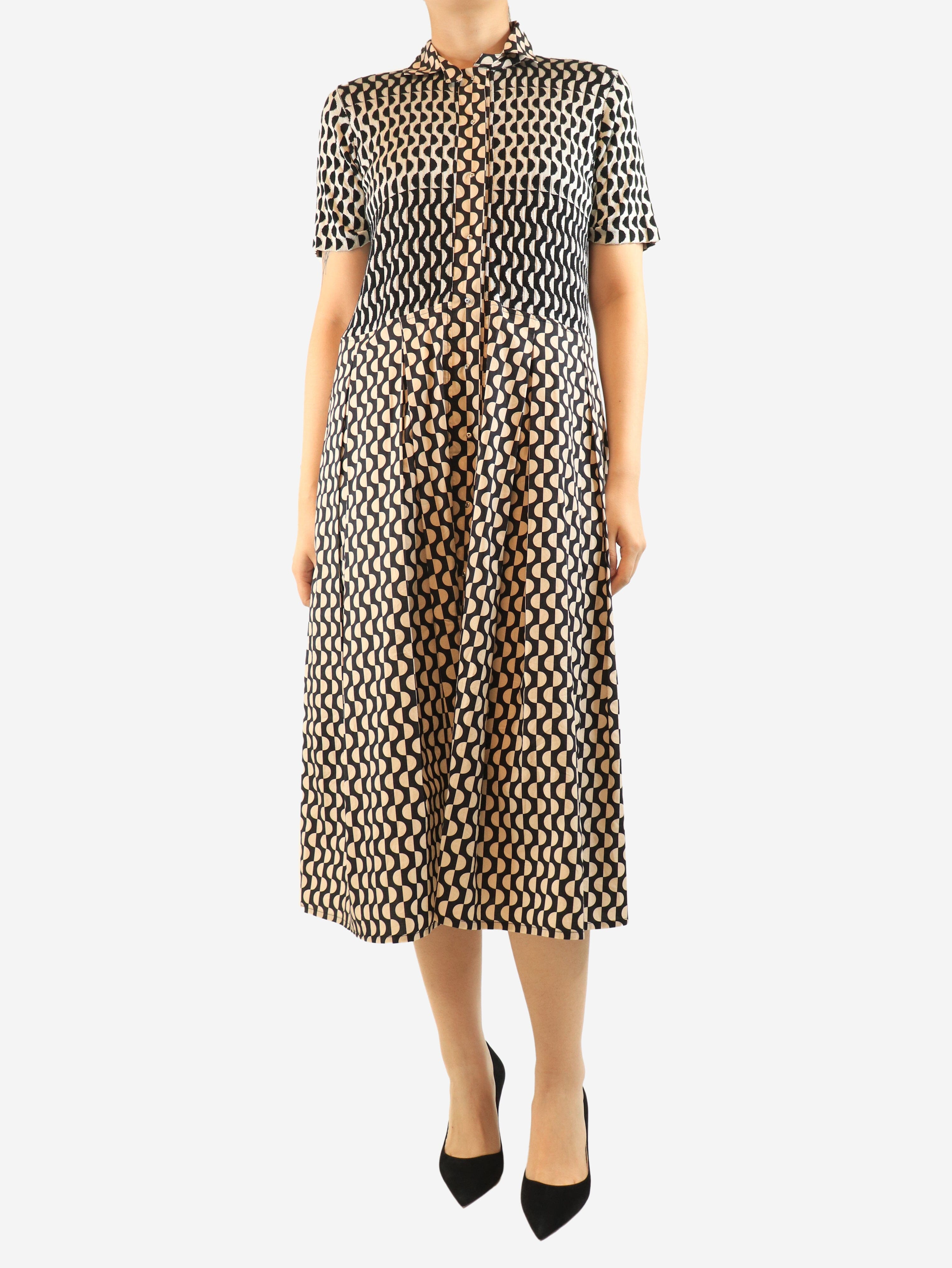 Neutral and black elipse patterned midi dress - size UK 10
