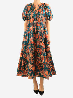 Green puff-sleeved printed midi dress - size UK 16