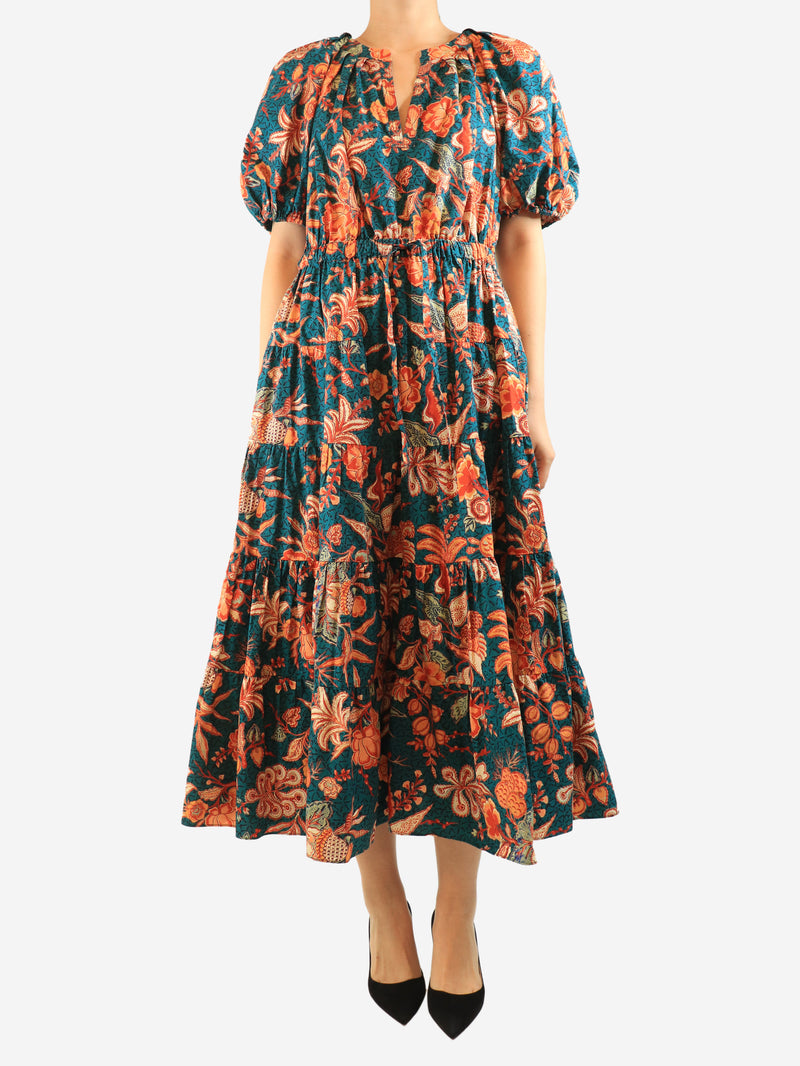 Green puff-sleeved printed midi dress - size UK 16