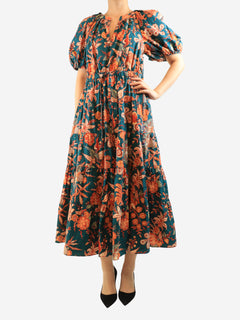 Green puff-sleeved printed midi dress - size UK 16