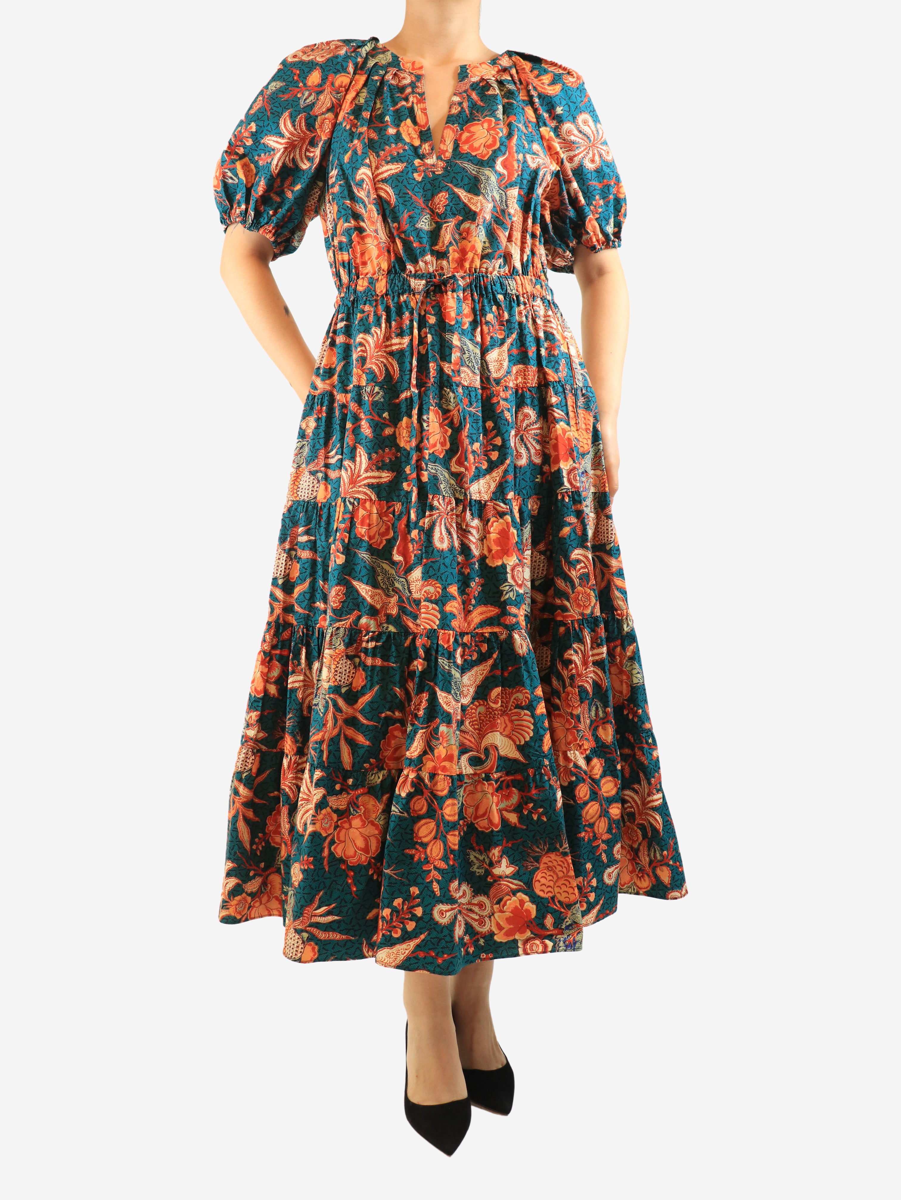 Green puff-sleeved printed midi dress - size UK 16