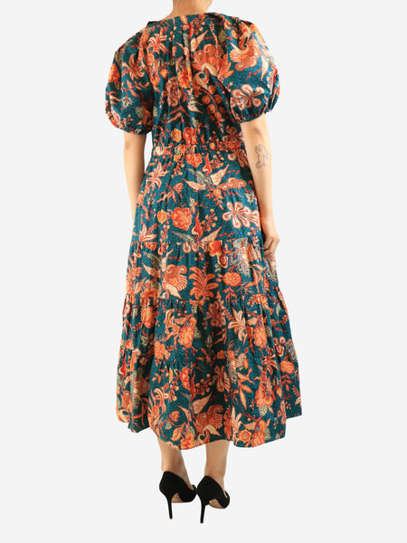 Green puff-sleeved printed midi dress - size UK 16 alternate image