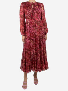 Rixo Burgundy paisley printed tiered midi dress - size UK 8