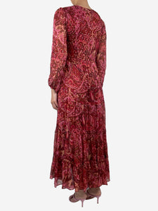 Rixo Burgundy paisley printed tiered midi dress - size UK 8