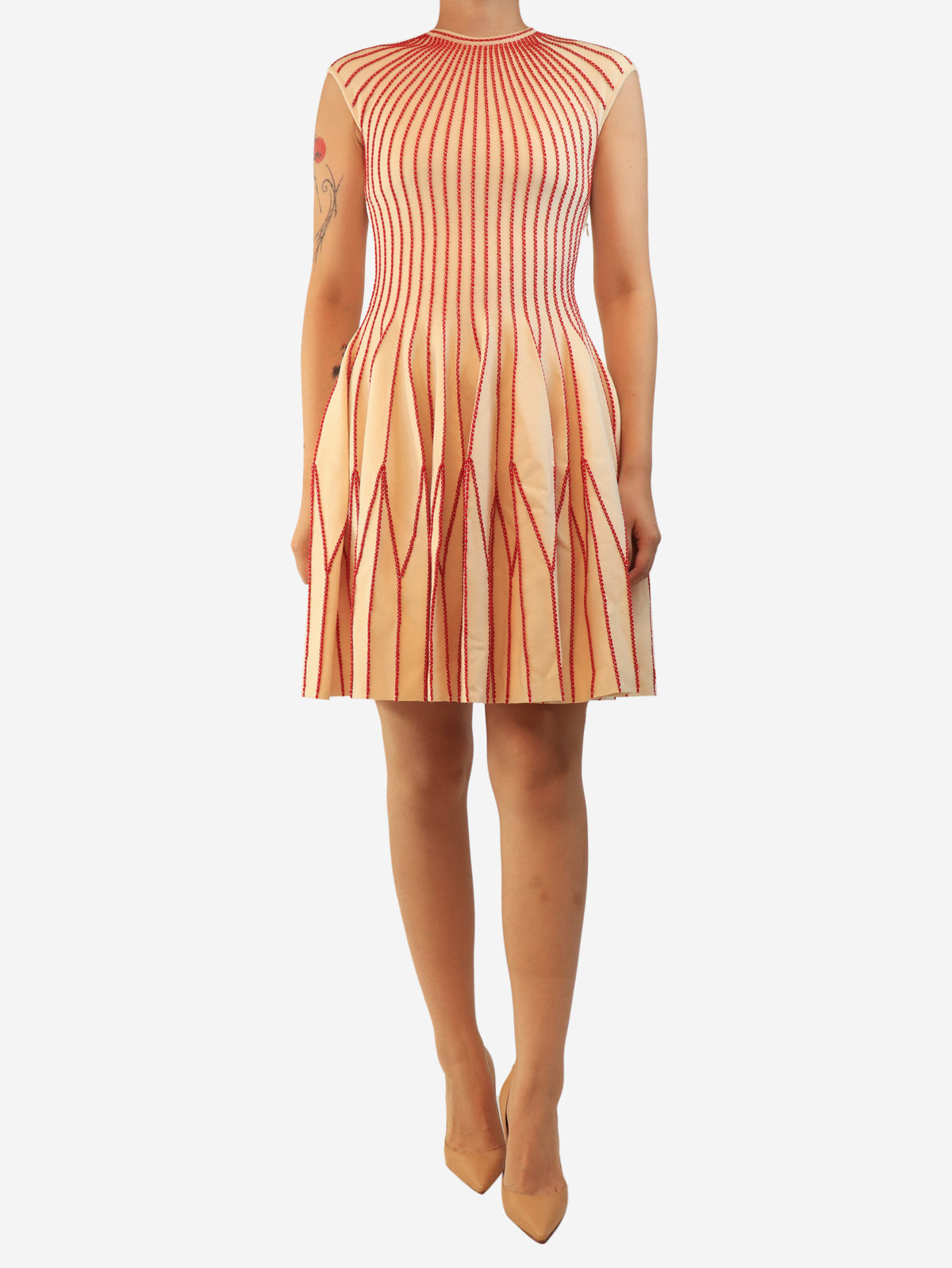 Cream and red sleeveless A-line dress - size M