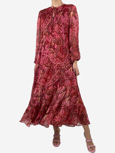 Rixo Burgundy paisley printed tiered midi dress - size UK 8