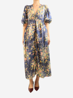 Blue floral linen elastic waist dress - size 14 Dresses Zimmermann 