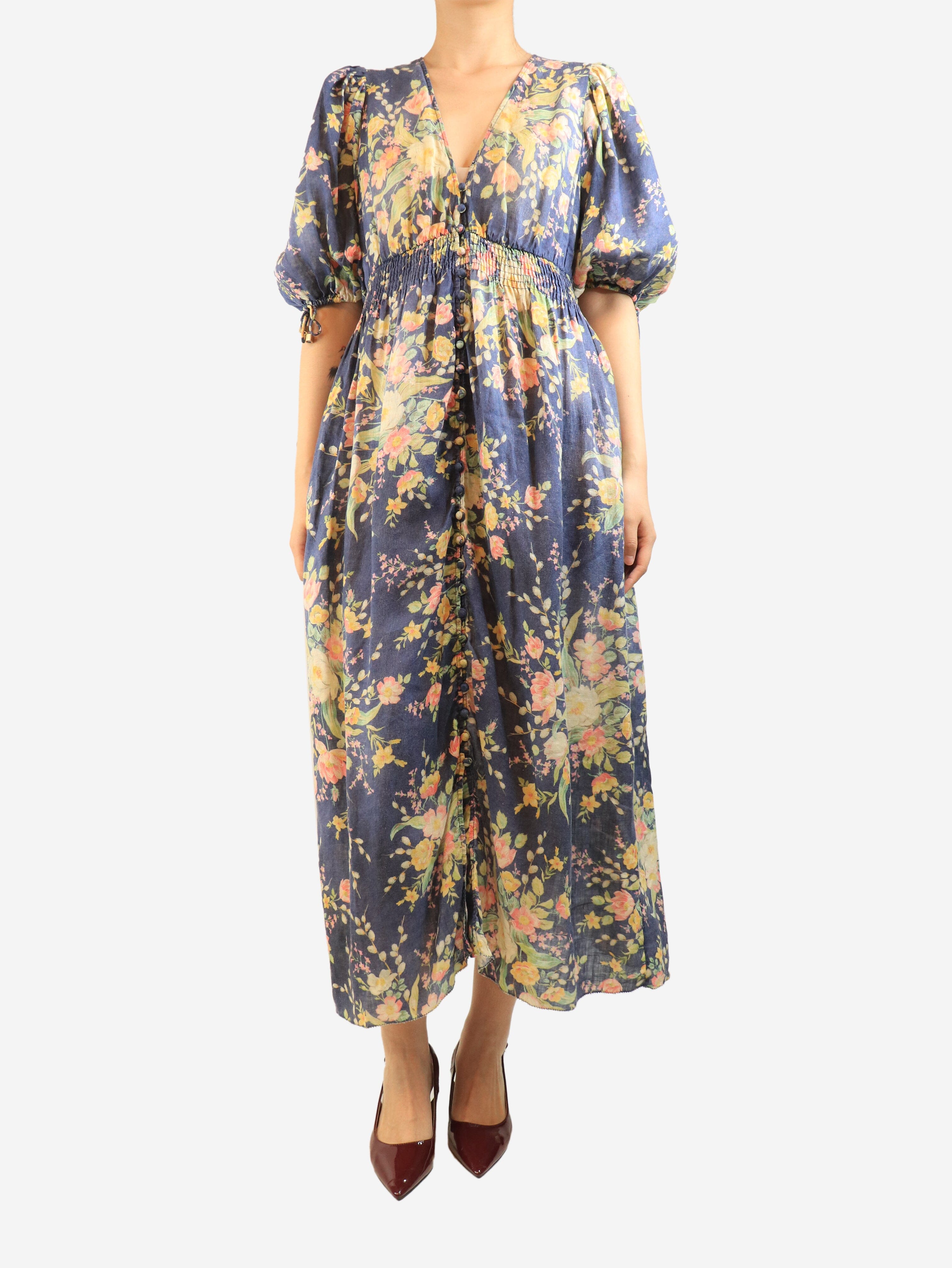 Blue floral linen elastic waist dress - size 14 Dresses Zimmermann 