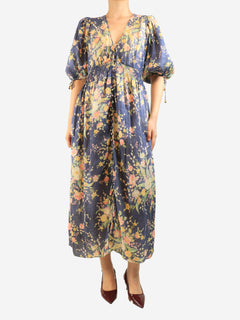 Blue floral linen elastic waist dress - size 14 Dresses Zimmermann 
