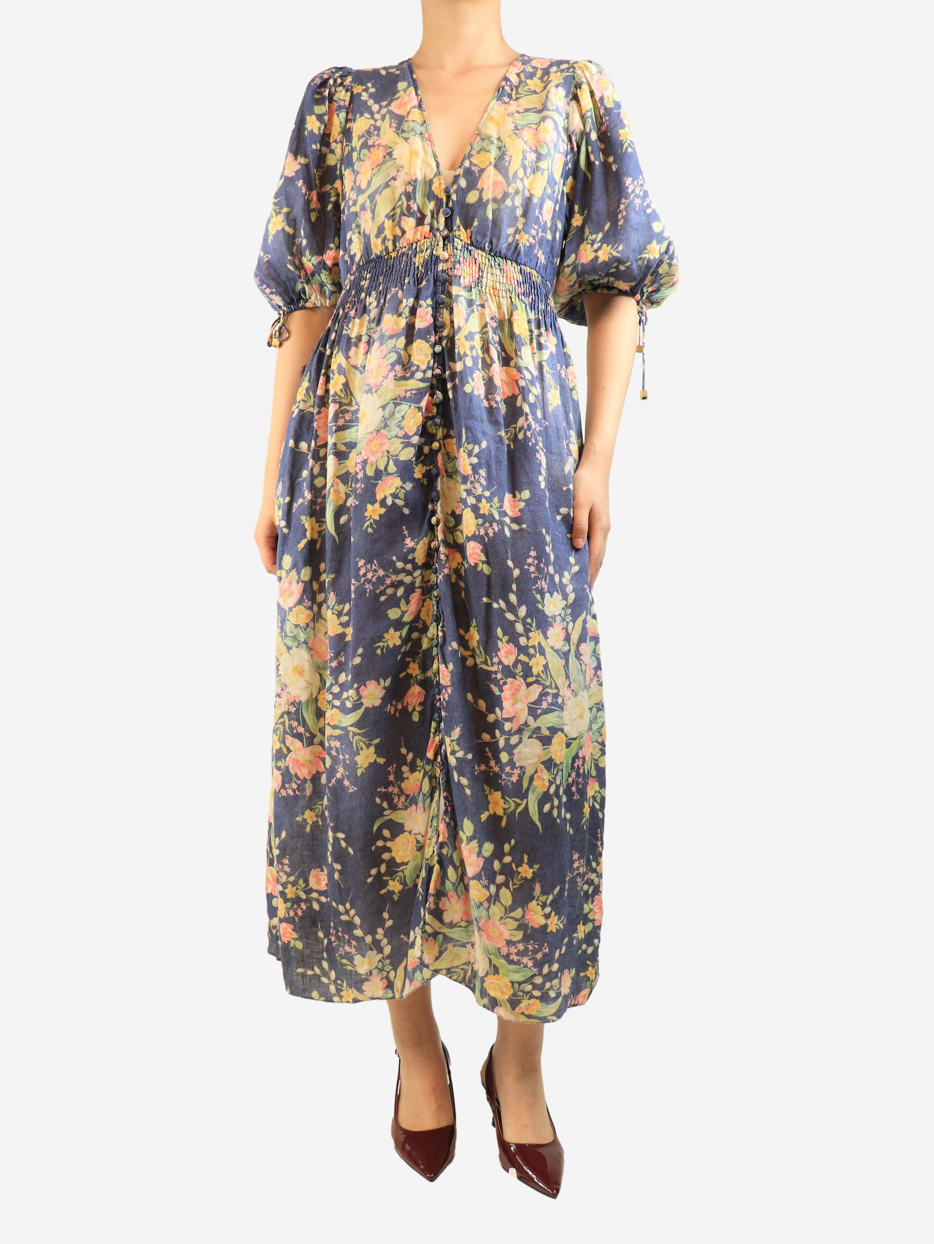 Blue floral linen elastic waist dress - size 14 Dresses Zimmermann 
