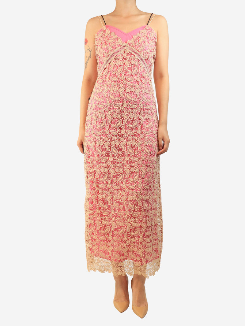 Pink and beige lace-embroidered slip dress - size UK 10