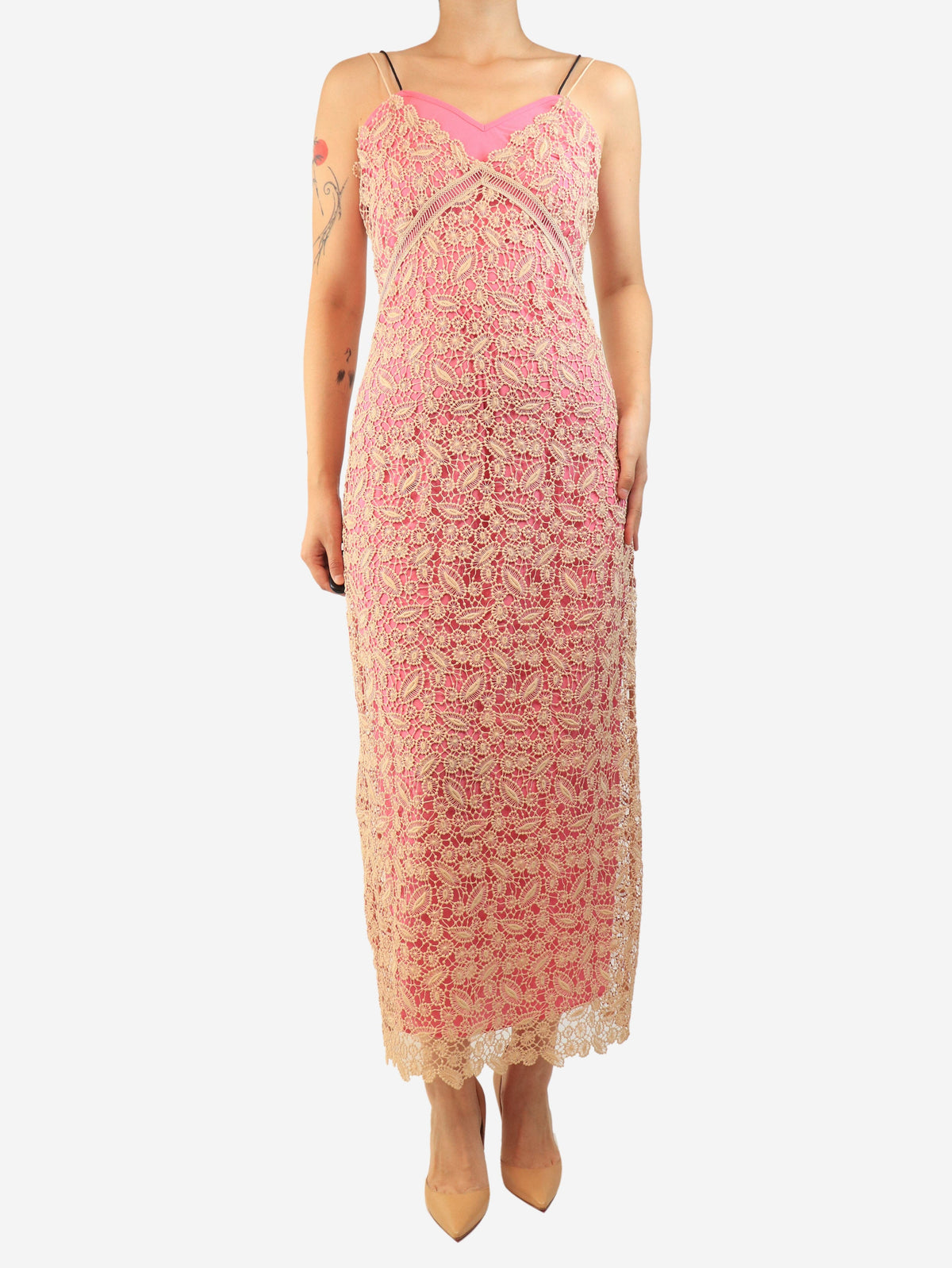 Pink and beige lace-embroidered slip dress - size UK 10