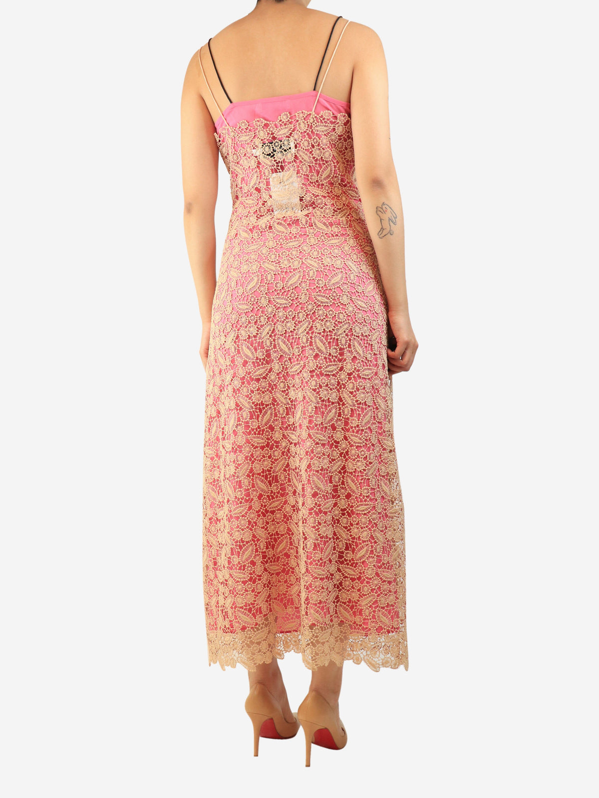 Pink and beige lace-embroidered slip dress - size UK 10