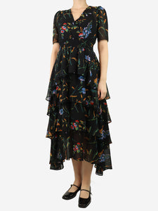 Maje Black floral printed tier dress - size UK 8