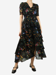 Maje Black floral printed tier dress - size UK 8