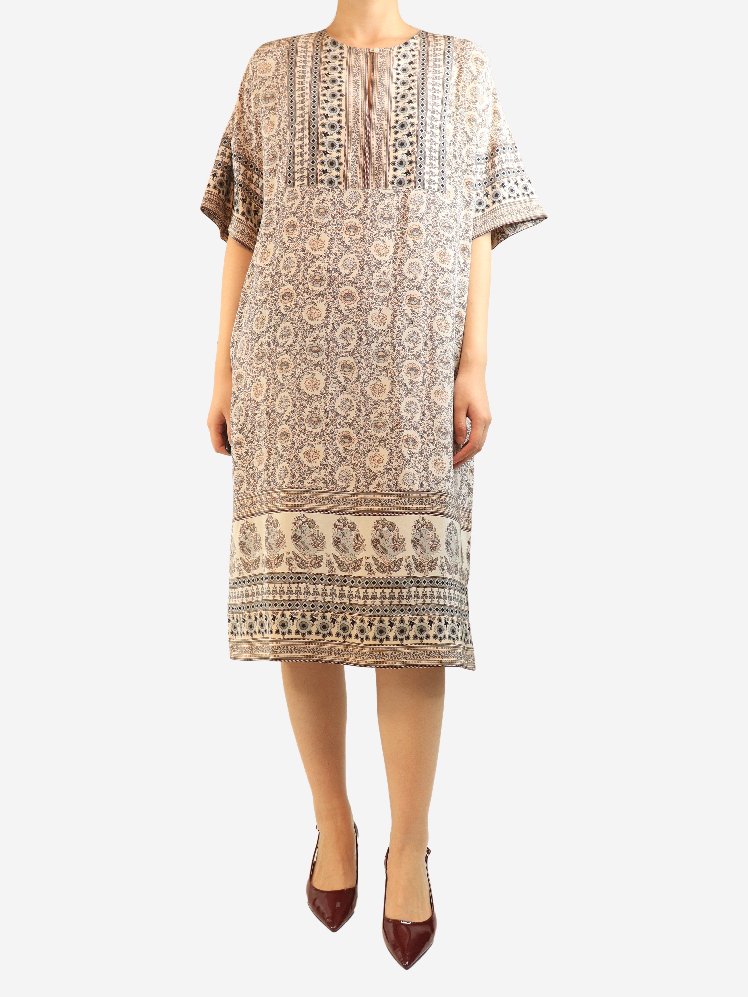 Neutral floral printed silk dress - size UK 8 Dresses Sea New York 