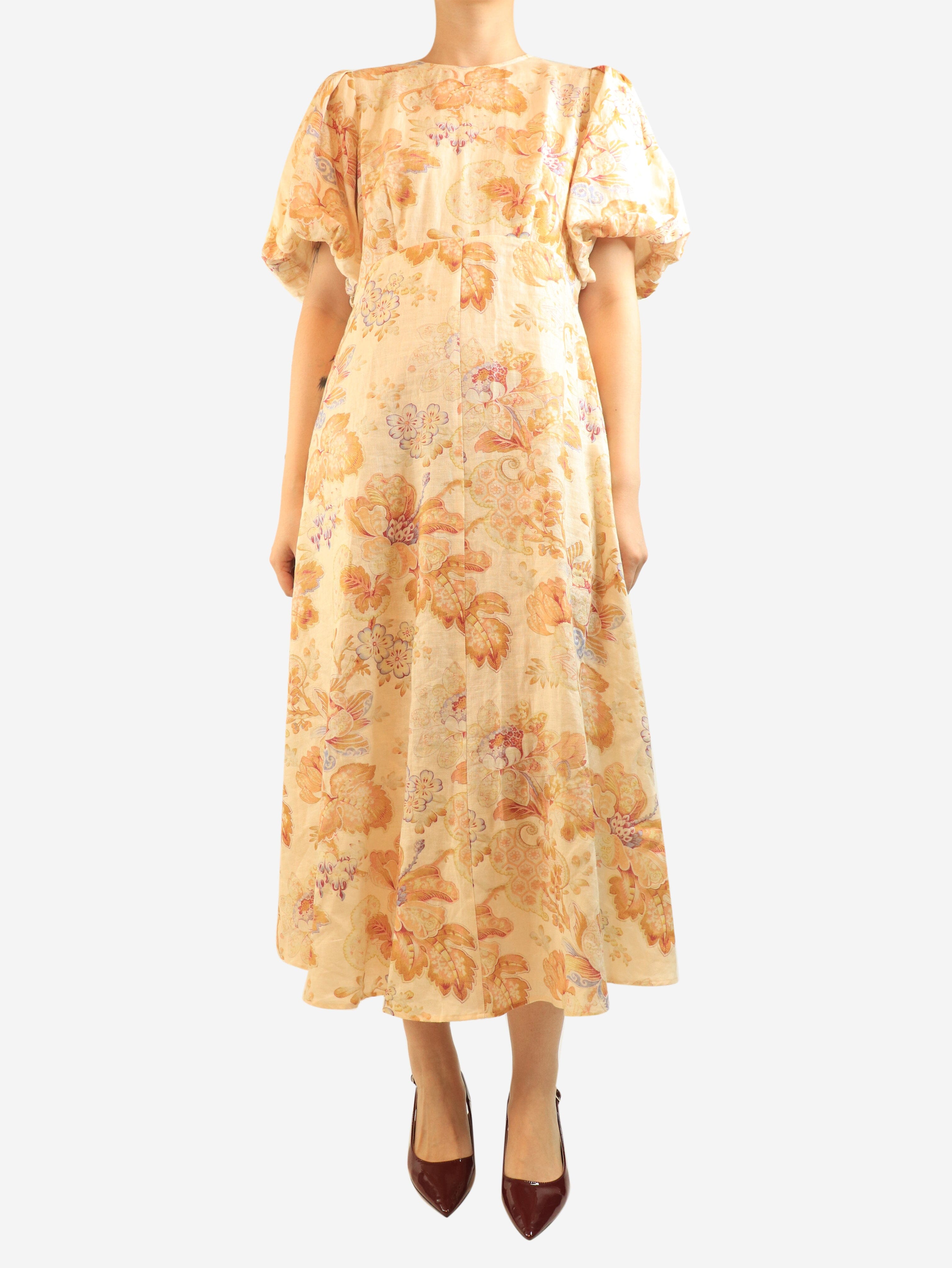 Orange floral linen midi dress - size UK 12 Dresses Alemais 