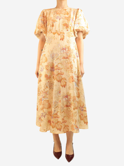 Orange floral linen midi dress - size UK 12 Dresses Alemais 