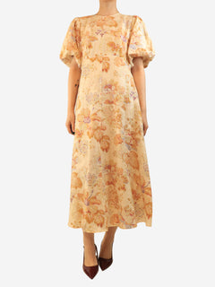 Orange floral linen midi dress - size UK 12 Dresses Alemais 