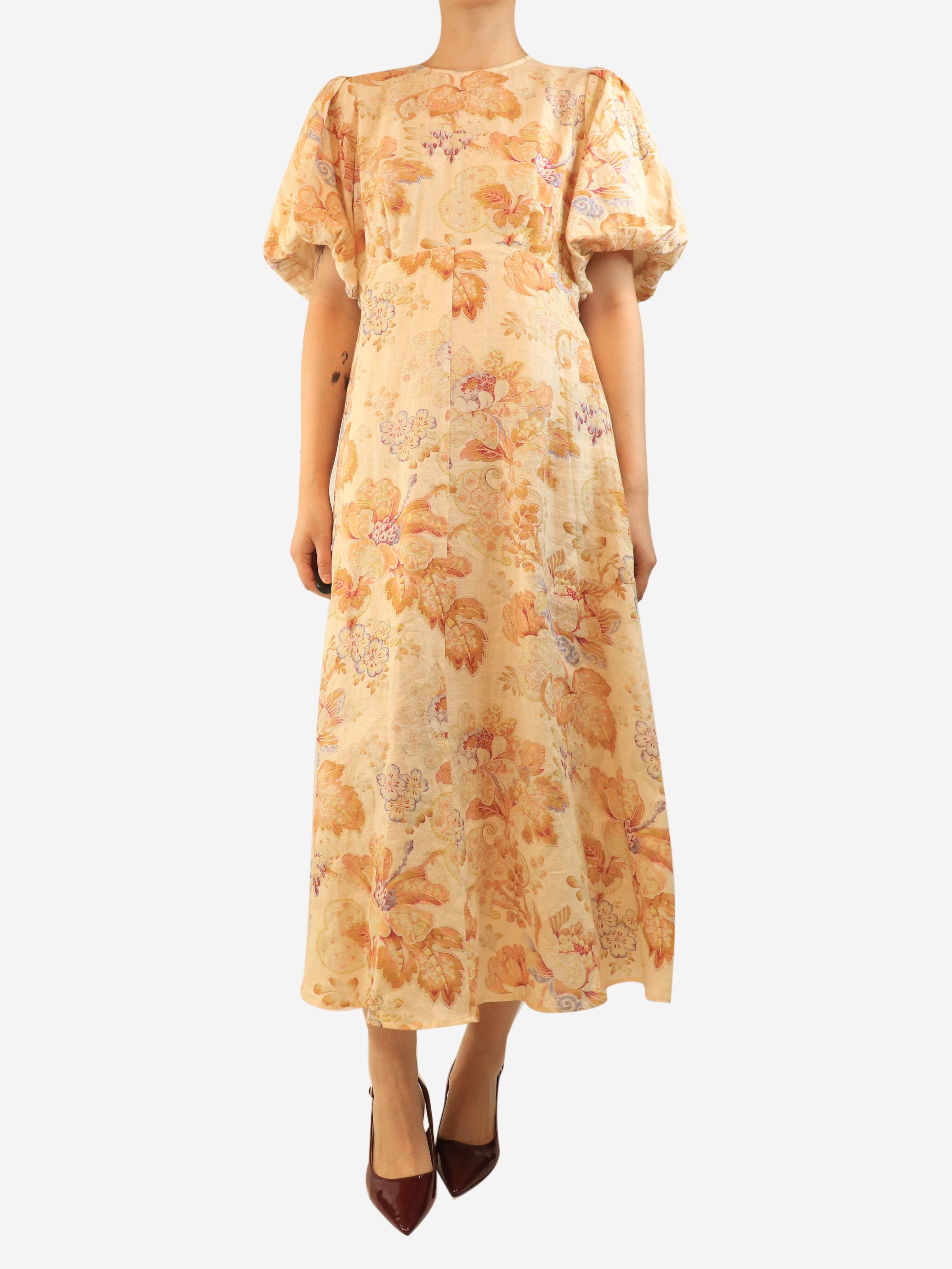 Orange floral linen midi dress - size UK 12 Dresses Alemais 
