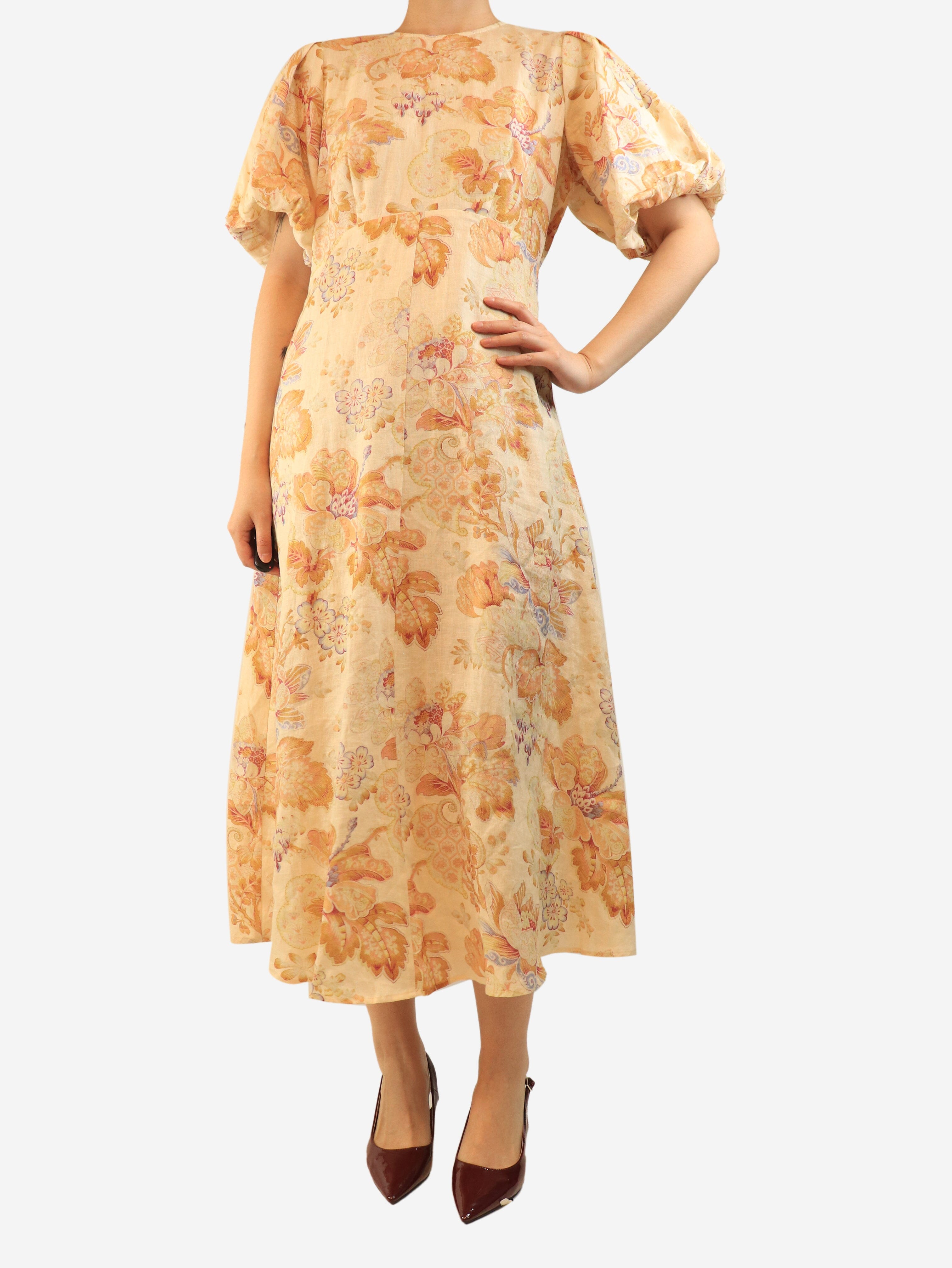 Orange floral linen midi dress - size UK 12 Dresses Alemais 