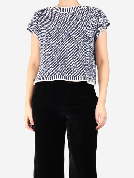 Dark blue and white sleeveless knit top - size UK 14 product image