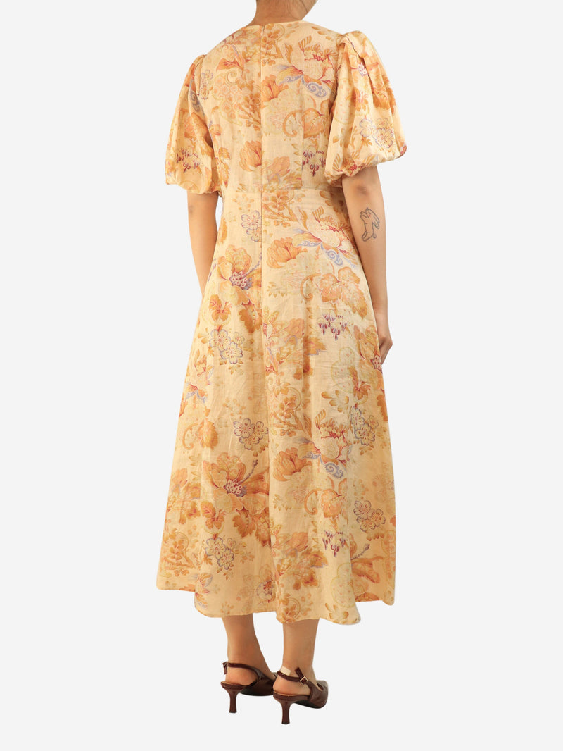 Orange floral linen midi dress - size UK 12 Dresses Alemais 