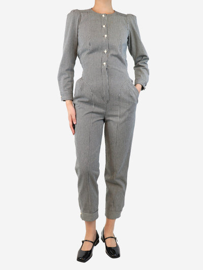 Anna Mason pre-owned black and white structured pinstripe jumpsuit - size | Sign of the Times Anna Mason pre-owned black and white structured pinstripe jumpsuit - size | Sign of the Times
