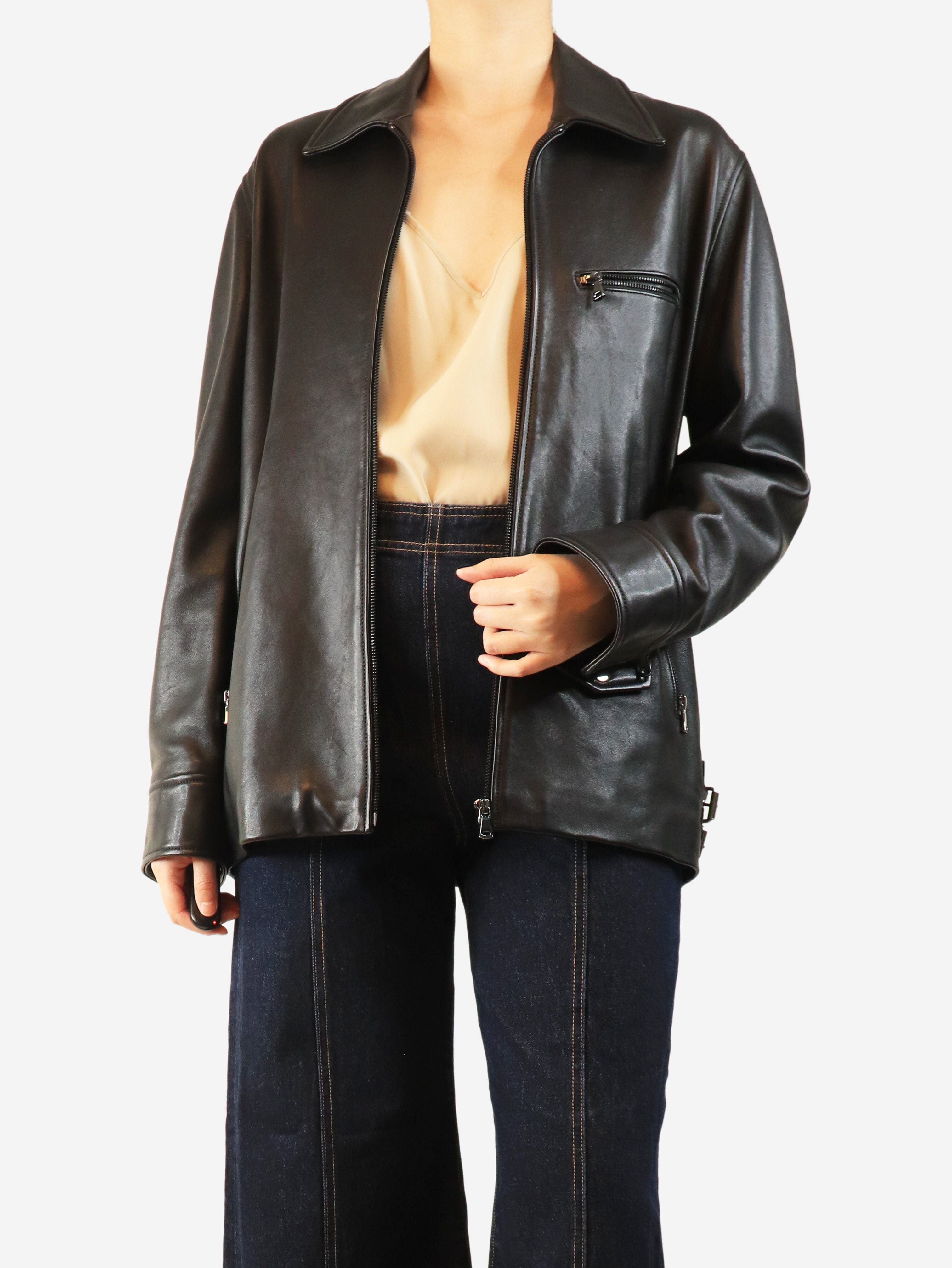 Black leather zip-up jacket - size UK 10 Coats & Jackets Nour Hammour 