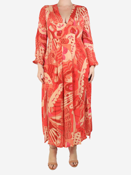 Orange printed V-neck silk dress - size UK 12 product image