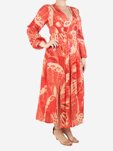 Rixo Orange printed V-neck silk dress - size UK 12