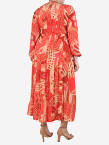 Rixo Orange printed V-neck silk dress - size UK 12