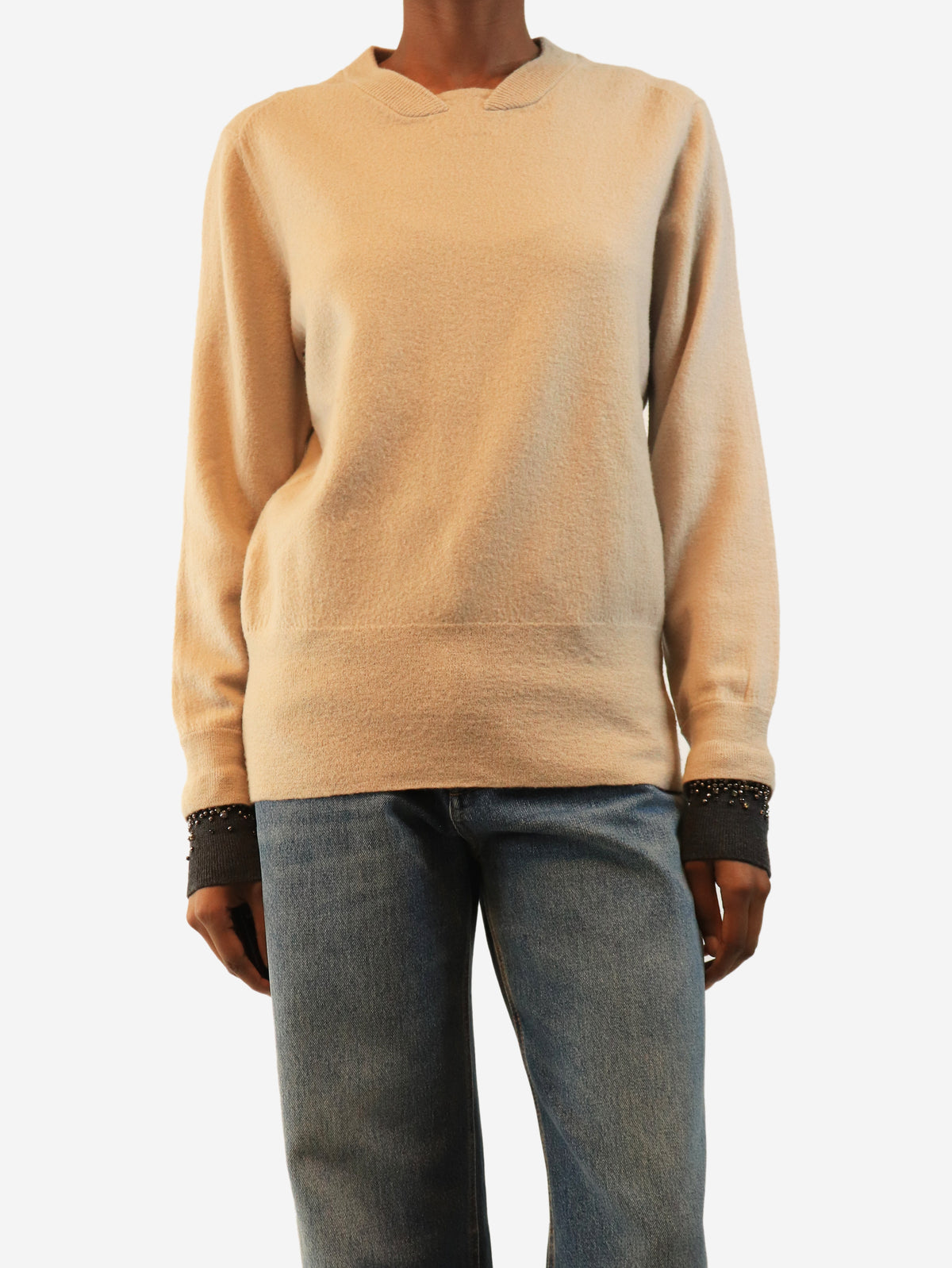 Beige embellished-cuff Marnie sweater - size S