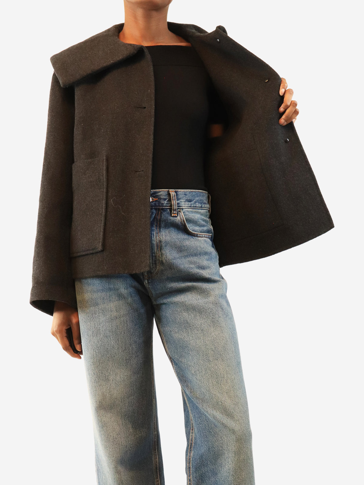 Charcoal cropped wool-blend jacket - size UK 6