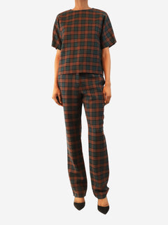 Brown and green plaid wool top and trouser set - size UK 8