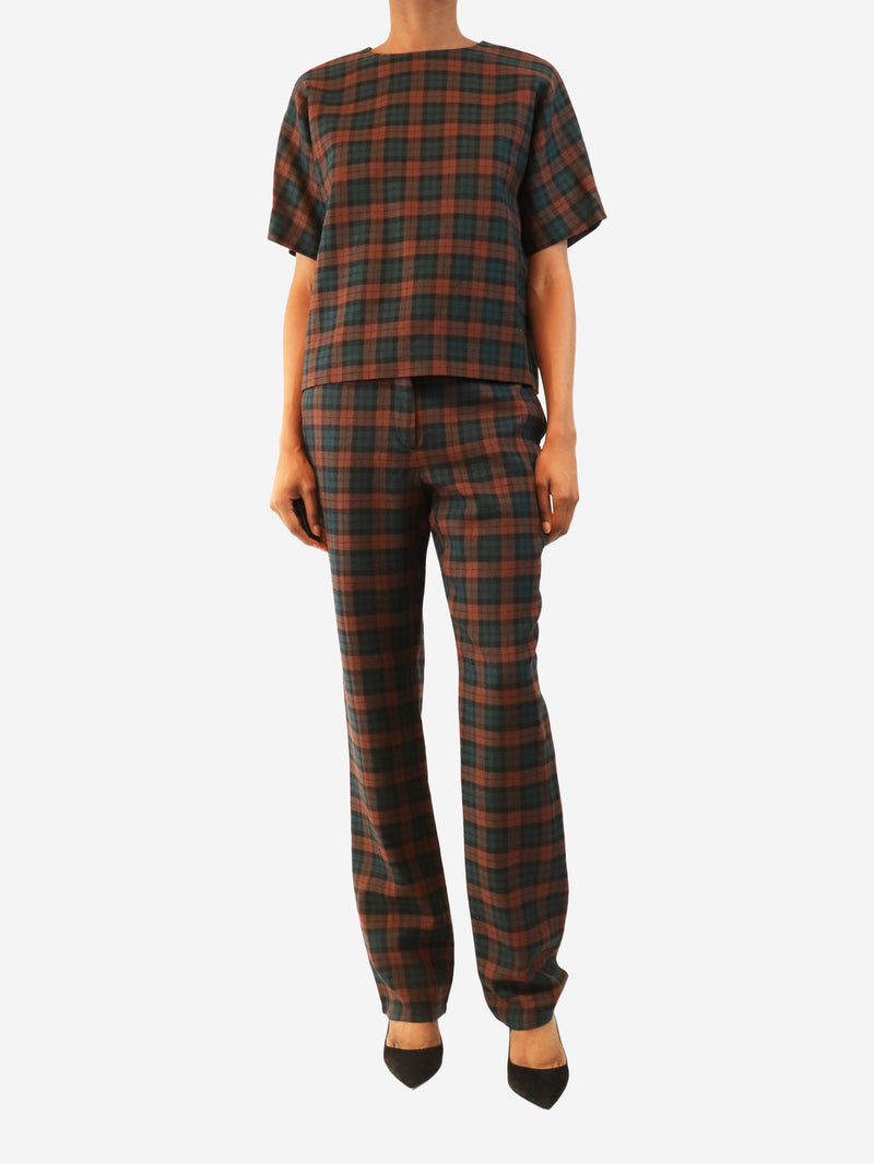 Brown and green plaid wool top and trouser set - size UK 8