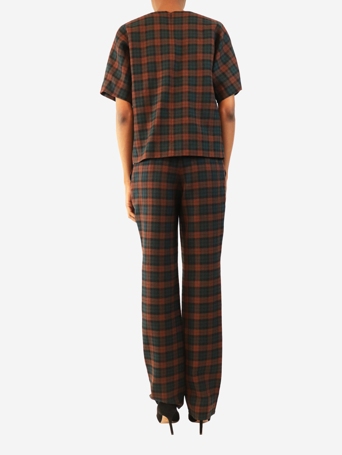 Brown and green plaid wool top and trouser set - size UK 8