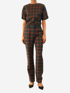 Brown and green plaid wool top and trouser set - size UK 8