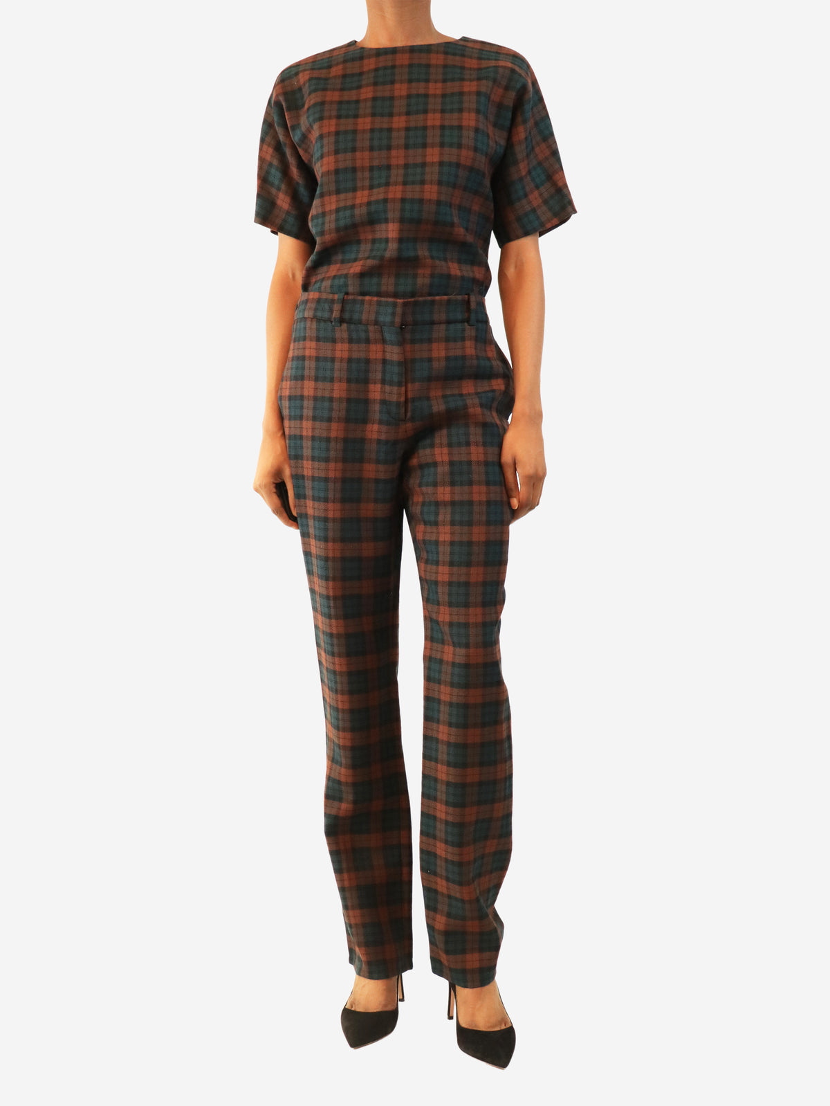 Brown and green plaid wool top and trouser set - size UK 8