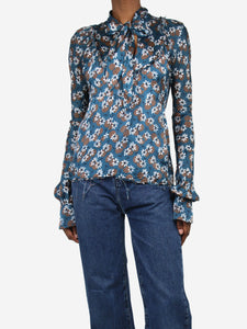 Marni Blue floral-printed neck-tie top  - size UK 6