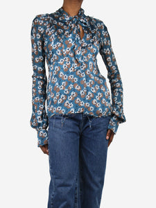 Marni Blue floral-printed neck-tie top  - size UK 6