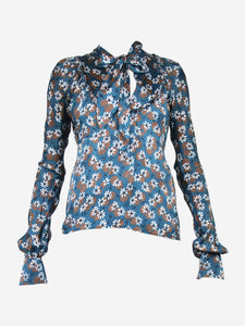 Marni Blue floral-printed neck-tie top  - size UK 6