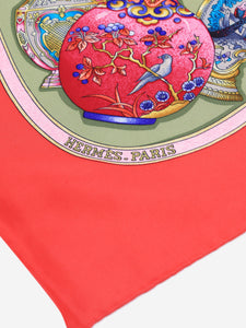 Hermes Green and red silk printed scarf