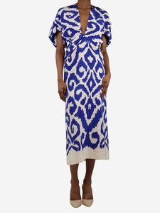 Johanna Ortiz Blue and cream floral printed midi dress - size UK 6