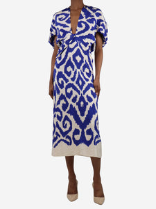 Johanna Ortiz Blue and cream floral printed midi dress - size UK 6