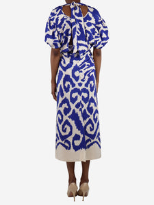 Johanna Ortiz Blue and cream floral printed midi dress - size UK 6