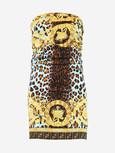 Versace Multicolour leopard and baroque-print draped mini dress - size UK 10