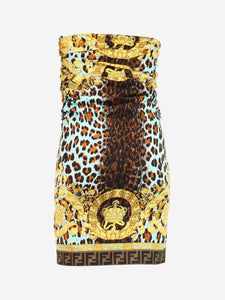 Versace Multicolour leopard and baroque-print draped mini dress - size UK 10